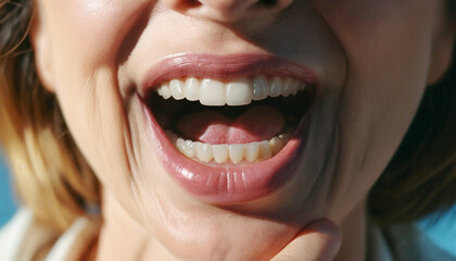 Fototapeta premium Close-up, open mouth of middle-aged woman laughing through her teeth
