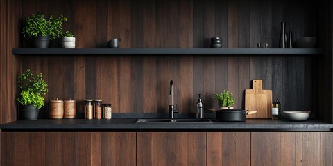 Wooden shelves with kitchenware, a modern cooking area set up