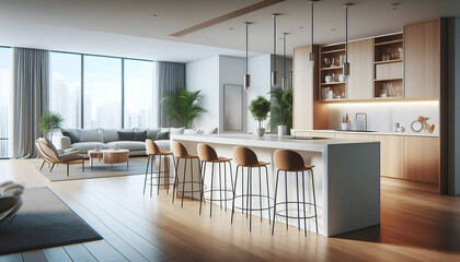 A modern minimalist home interior design with clean lines, sleek furniture, and neutral color palette, featuring an open-concept living space connected to a spacious kitchen, bathed in natural light