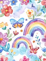 Fototapeta premium Microstock image with vibrant flowers, butterflies, rainbows, and unicorns.