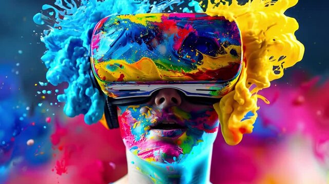 A person with vir headset immersed in virtual reality, their face covered in bright paint, surrounded by colorful splashes and artistic elements