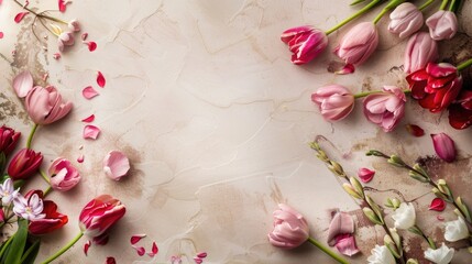 Fototapeta premium A beautiful bouquet of red and pink tulips, set against a textured background.