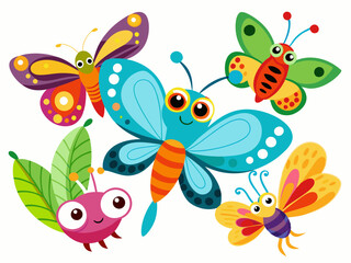 Cute butterflies. Cartoon butterfly, color summer moths in flight. Beautiful exotic tropical insects with wings. Flying butterflies Isolated vector set
