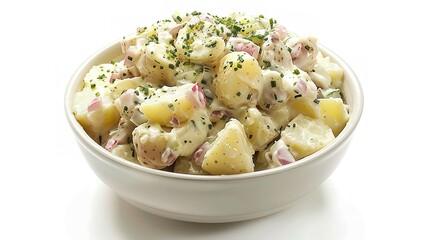 Isolated against a white background is a collection of bowls with potato salad with mayo and vinaigrette dressing, Generative AI.