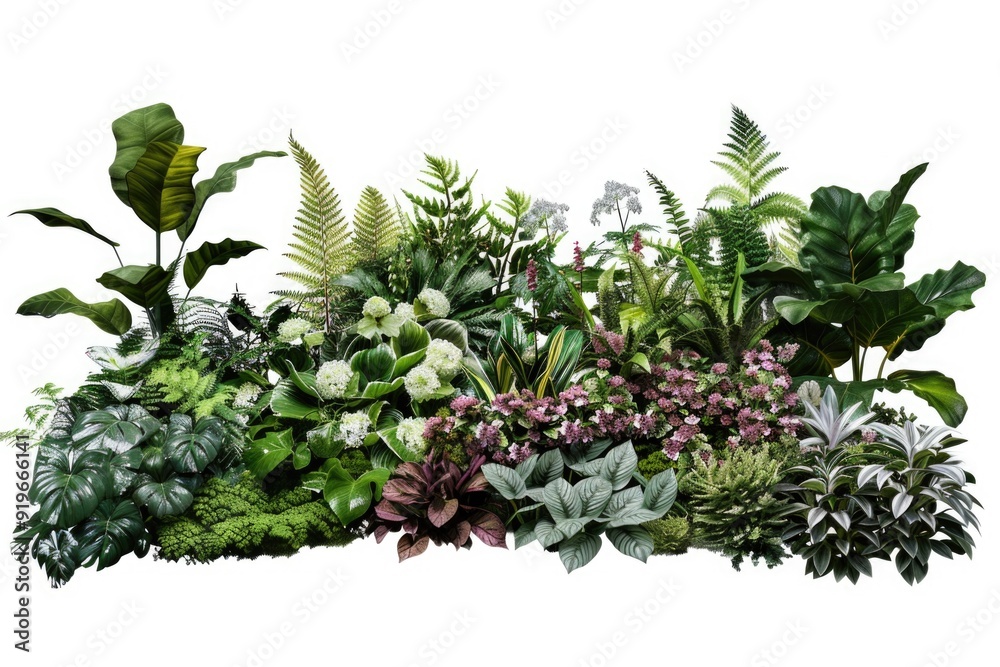 Wall mural this image features an array of green plants with varied leaf types, sizes, and textures. the collec