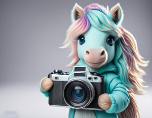 3d pastel color baby-horse and unicorn holding camera on white background