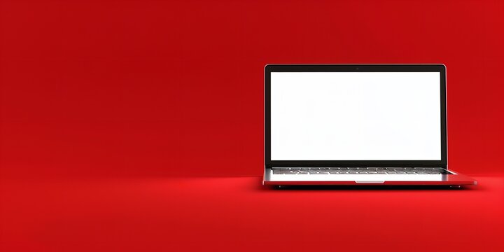 Isolated laptop with blank screen on a red background for copy space, Generative AI.