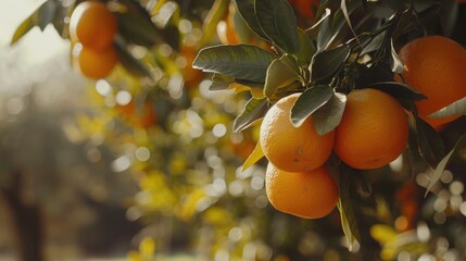 Harvest ready oranges growing in orchard. Natural sunlight shining through leaves.