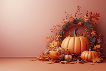 Modern 3D Thanksgiving Scene with Pumpkin and Cornucopia in Minimalist Design for Digital Invites and Social Media