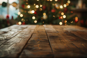 Empty wooden table with a blurred background of Christmas lights and decorations.