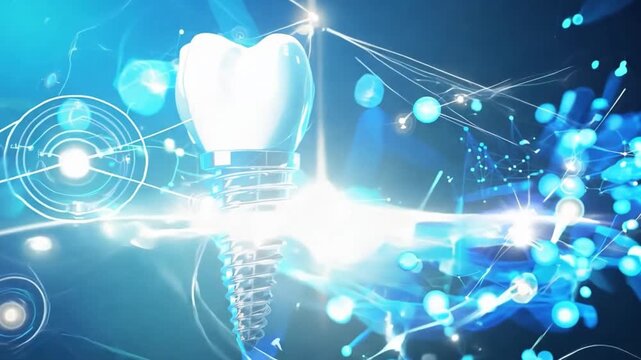 A dental implant features a white tooth atop a metal screw, set against a backdrop of blue digital lights and abstract shapes