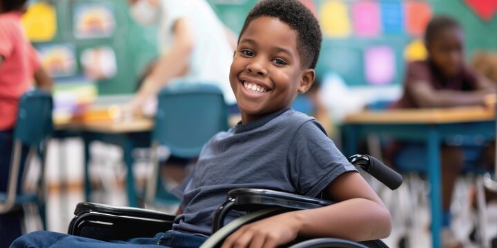 Happy young boy in wheelchair smiling at the camera. Inclusive education environment.