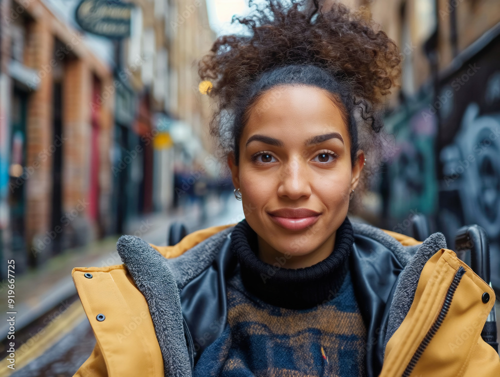 Poster A woman with a black and gray jacket and a scarf is smiling