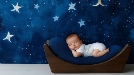 Peaceful Newborn Sleeping in Wooden Crescent Moon Prop Against Starry Background