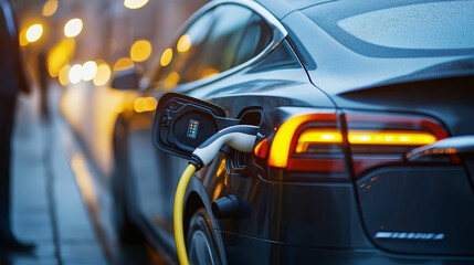 Electric car charging in urban setting at night.