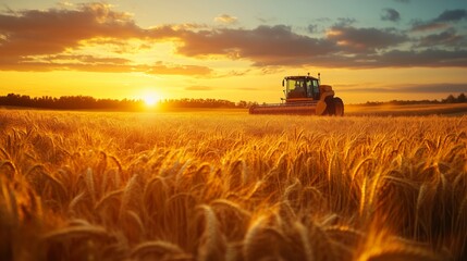 Fototapeta premium Golden wheat field with a tractor harvesting at sunset near a serene landscape