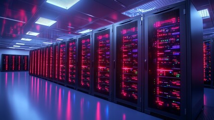 Modern data centers with illuminated server racks
