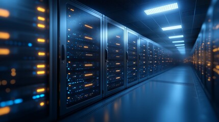 Modern data center with glowing server racks