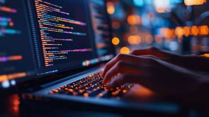 Hands typing on a laptop keyboard, the screen reflecting code being written. The setting is a tech workspace with multiple monitors and gadgets around.