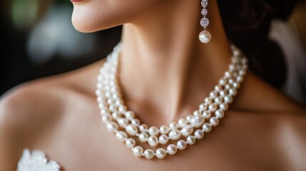 A bride displays a stunning layered pearl necklace and matching earrings, capturing the essence of elegance before her wedding ceremony.