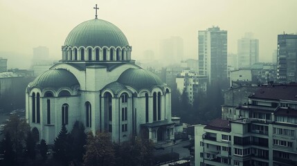 A large, white, domed church stands tall in a dense city shrouded in fog. The church is adorned with a cross and has intricate details.