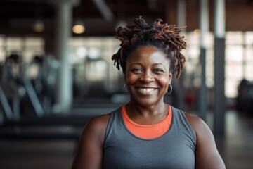 Fototapeta premium Smiling portrait of a slightly overweight middle aged woman in gym