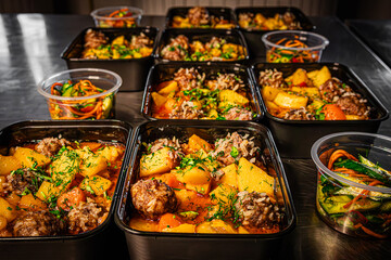 Lunch to go in a container on a wooden table background