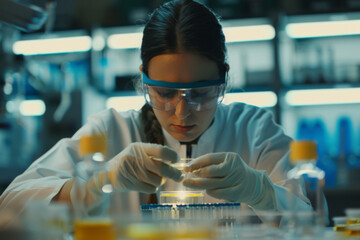 Focused female scientist using a pipette to transfer liquid into a petri dish in a modern laboratory.