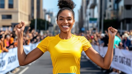 Triumphant Young African American Female Runner Celebrates Victory at City Marathon Event