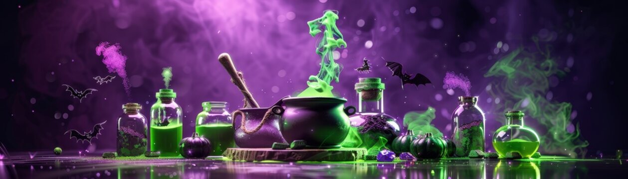 A bubbling cauldron with green potion surrounded by glass bottles filled with colorful liquids and bats flying in a misty purple background. Symbolizing magic, potions, witchcraft, Halloween, and fant