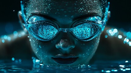 Close-Up of Swimmer Wearing Goggles with Water Droplets in Blue Illumination