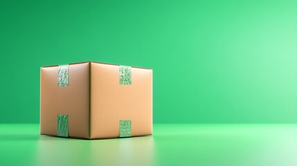 Cardboard box with green tape on vibrant green background
