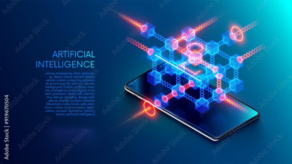 Fototapete Phone with abstraction data blocks hanging over screen. Neural network or cloud computing concept on smart phone. AI processing of data on phone. Smartphone abstract technology banner or background.