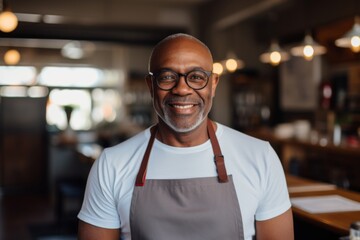 Fototapeta premium Portrait of a smiling male middle aged African American bartender