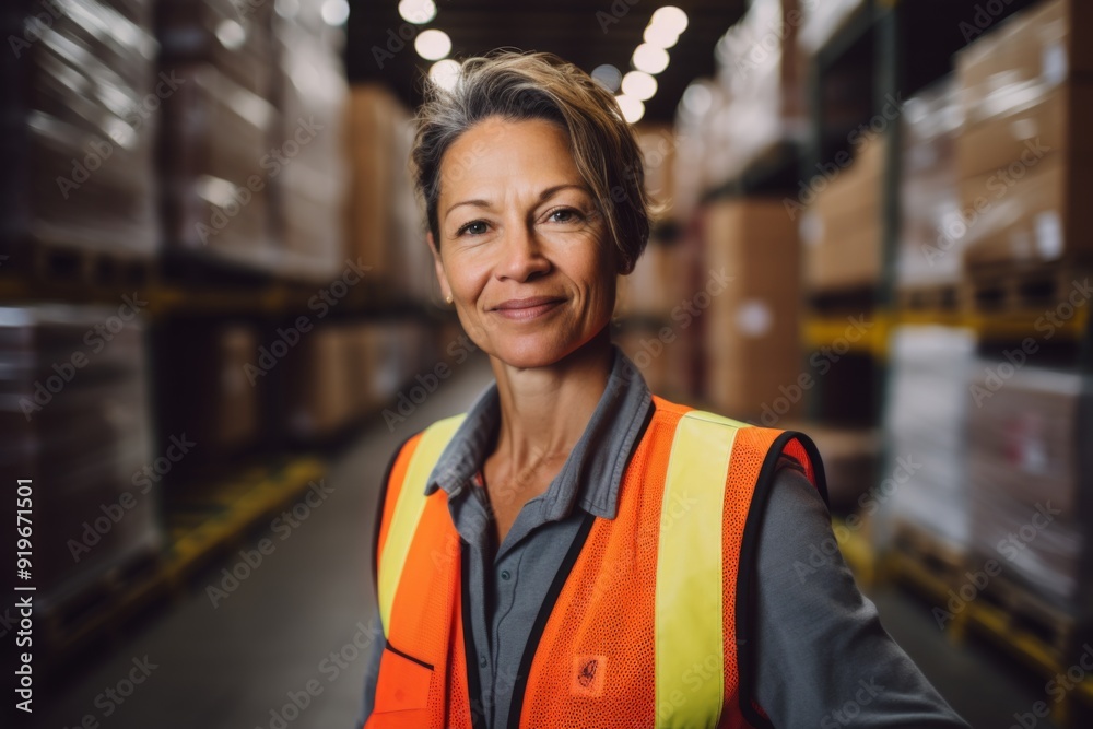 Wall mural portrait of a smiling middle aged female warehouse worker