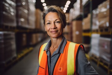 Fototapeta premium Portrait of a smiling middle aged female warehouse worker