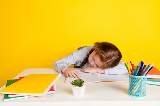Photo of small schoolkid girl sleep desktop wear uniform isolated on yellow color background
