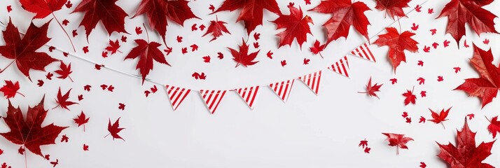 A festive celebration of Canadian Thanksgiving with red maple leaves, bunting flags, and scattered confetti symbolizing autumn, patriotism, tradition, and joy.