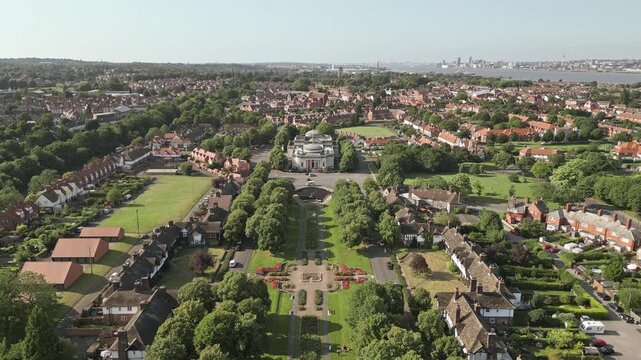 Aerial view of residential houses in model English village of Port Sunlight, Wirral, England