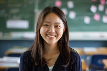 Portrait of a young smiling female teacher classroom