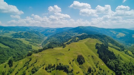 Obraz premium A panoramic view of rolling green hills with scattered trees and a blue sky with fluffy clouds.