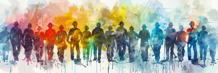 A group of firefighters stand together in a line, their silhouettes outlined in vibrant watercolor washes. The image symbolizes unity, strength, courage, and resilience, representing the brave men and