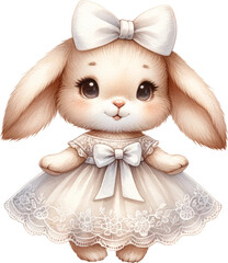 A cute rabbit wearing a white dress and a bow