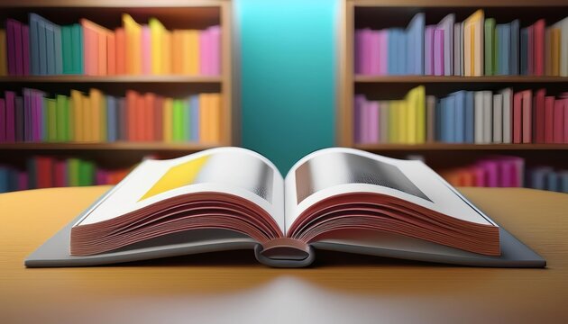An open book rests on a table, surrounded by colorful shelves filled with books, symbolizing knowledge and education.