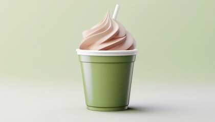 Delicious soft-serve ice cream in a green cup with creamy swirls, perfect for summer treats and desserts.