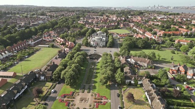 Aerial view of residential houses in model English village of Port Sunlight, Wirral, England