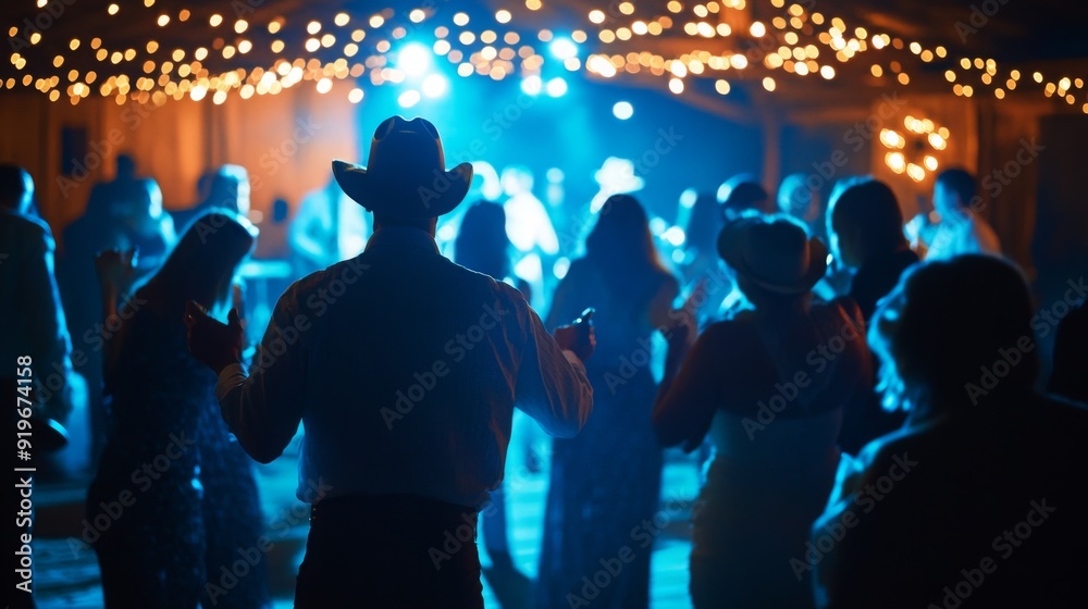 Poster attendees enjoy a lively country dance under string lights, dancing and socializing in a festive atm