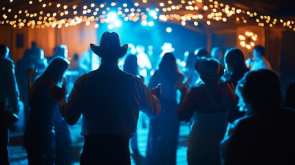 Attendees enjoy a lively country dance under string lights, dancing and socializing in a festive atmosphere at night.