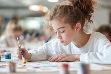 Creative Student Engaged in Artistic Endeavors with Paints and Brushes