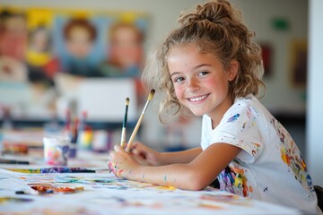 Creative Student Engaged in Art Project with Paints and Brushes